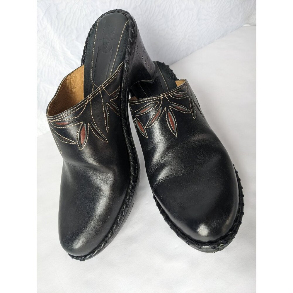FRYE Leather Shoes Black Mule Clogs 3" Heel Charlotte Flower Size 8.5 M - Picture 2 of 14